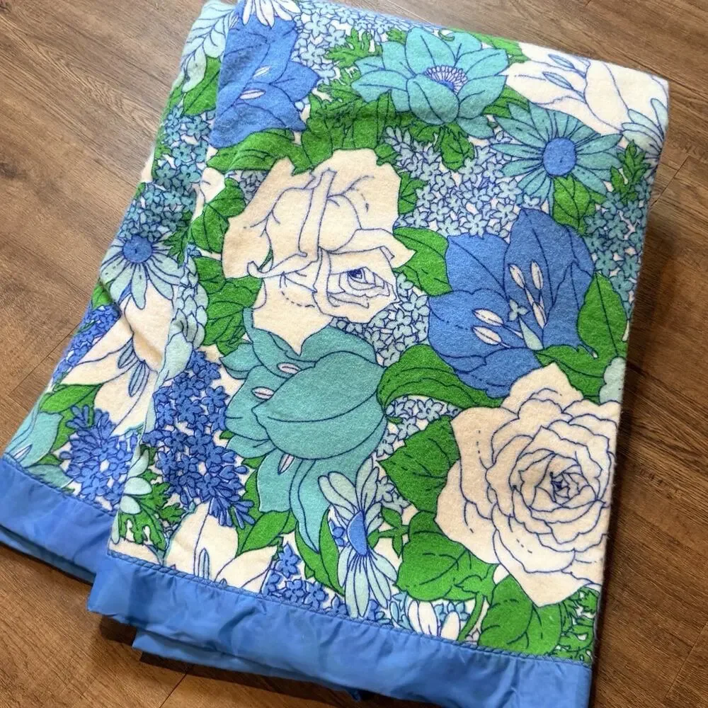 Vintage Blue White Green Retro Floral Satin Trim Acrylic Blanket 72x90 Twin Full